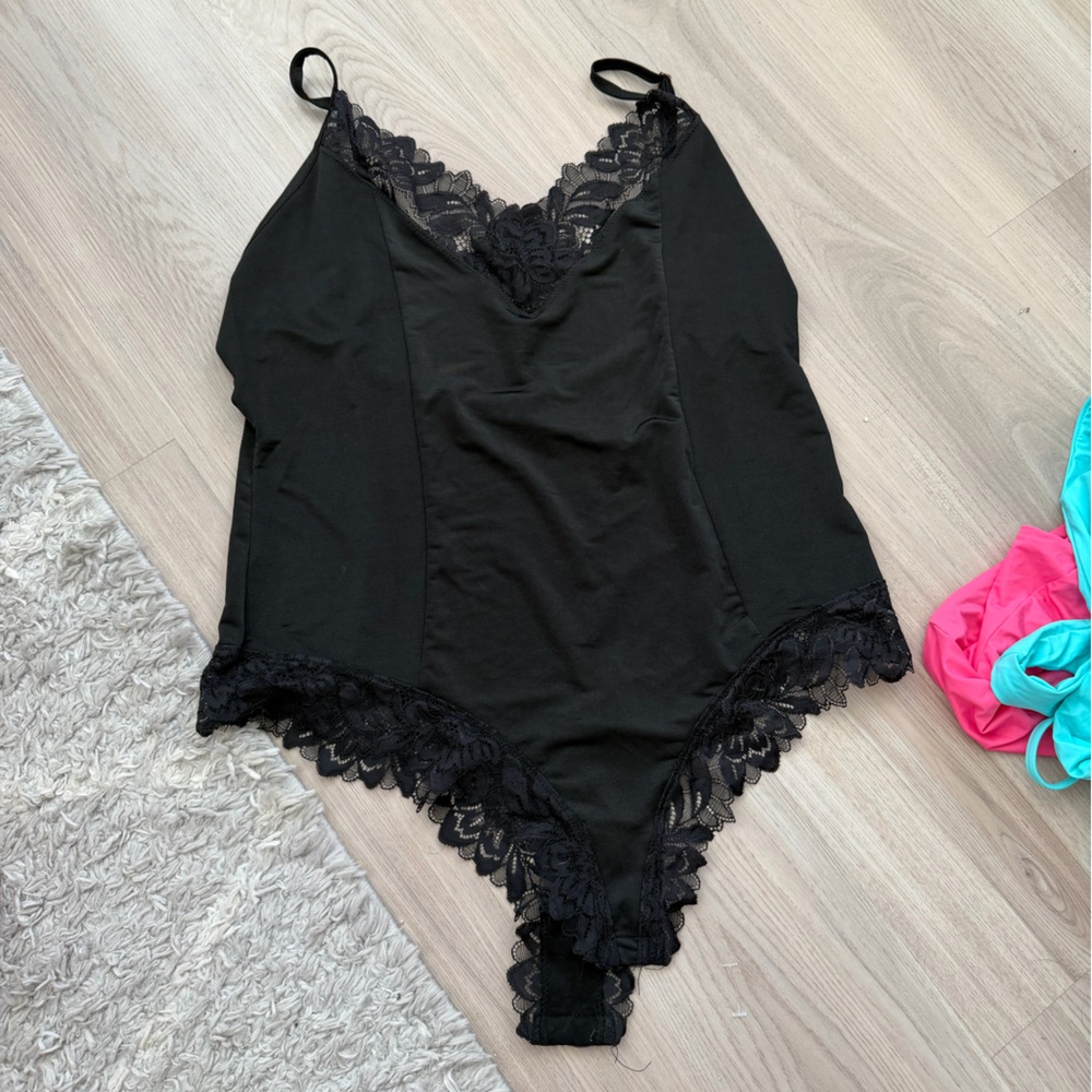 Free People Black Lace-Edge Cami Bodysuit